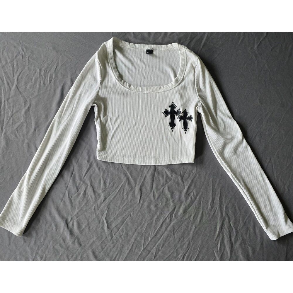 SHEIN Gothic Cross Graphic Long Sleeve Crop Top White Ribbed Scoop Neck Small S